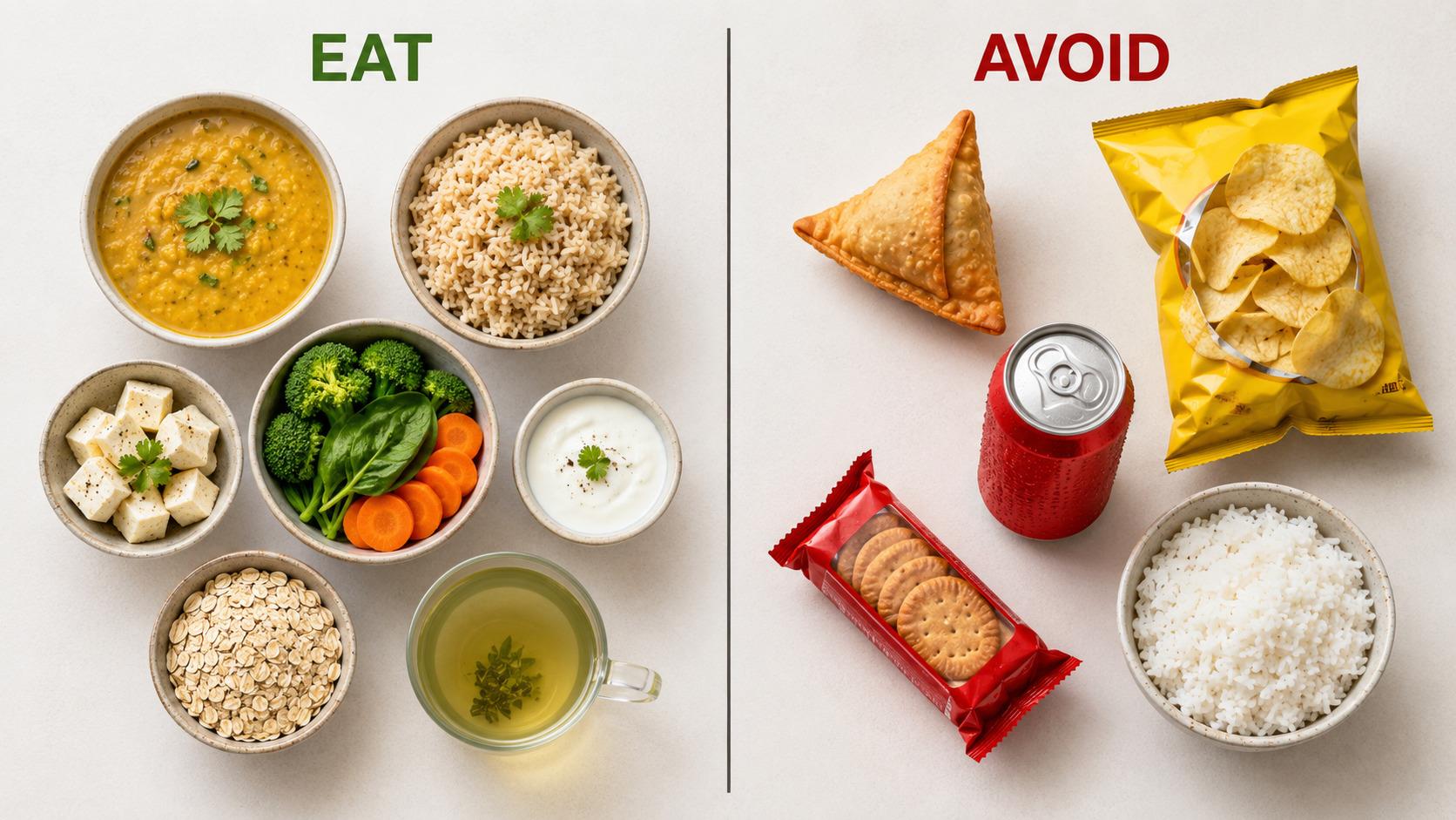 Indian foods to eat and avoid for weight loss including dal, brown rice, paneer, vegetables, curd and oats versus samosa, chips, soft drink, biscuits and white rice