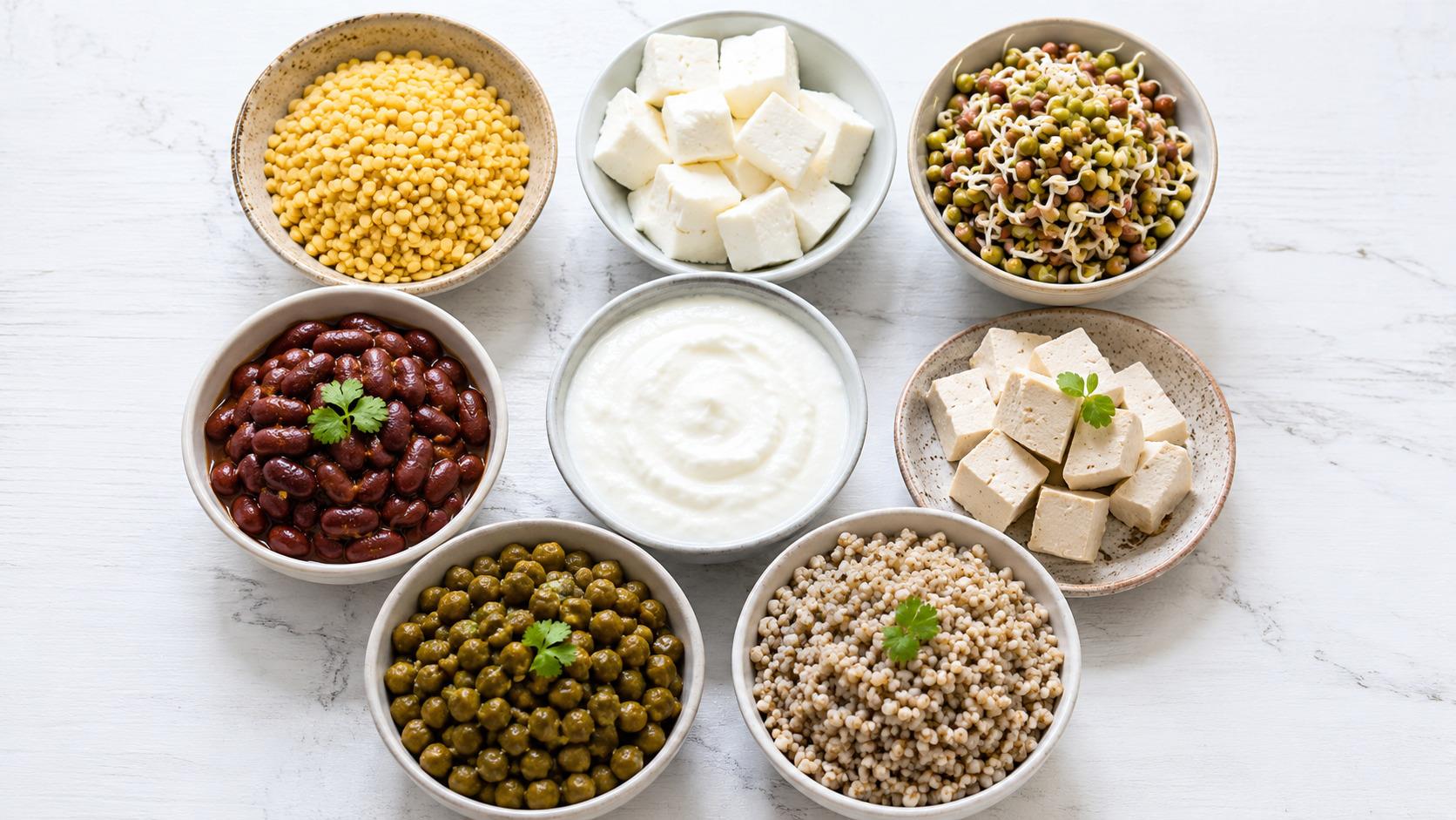 7 day vegetarian diet plan for weight loss with Indian protein foods including dal, paneer, sprouts, rajma, curd, tofu, green chana, and millets